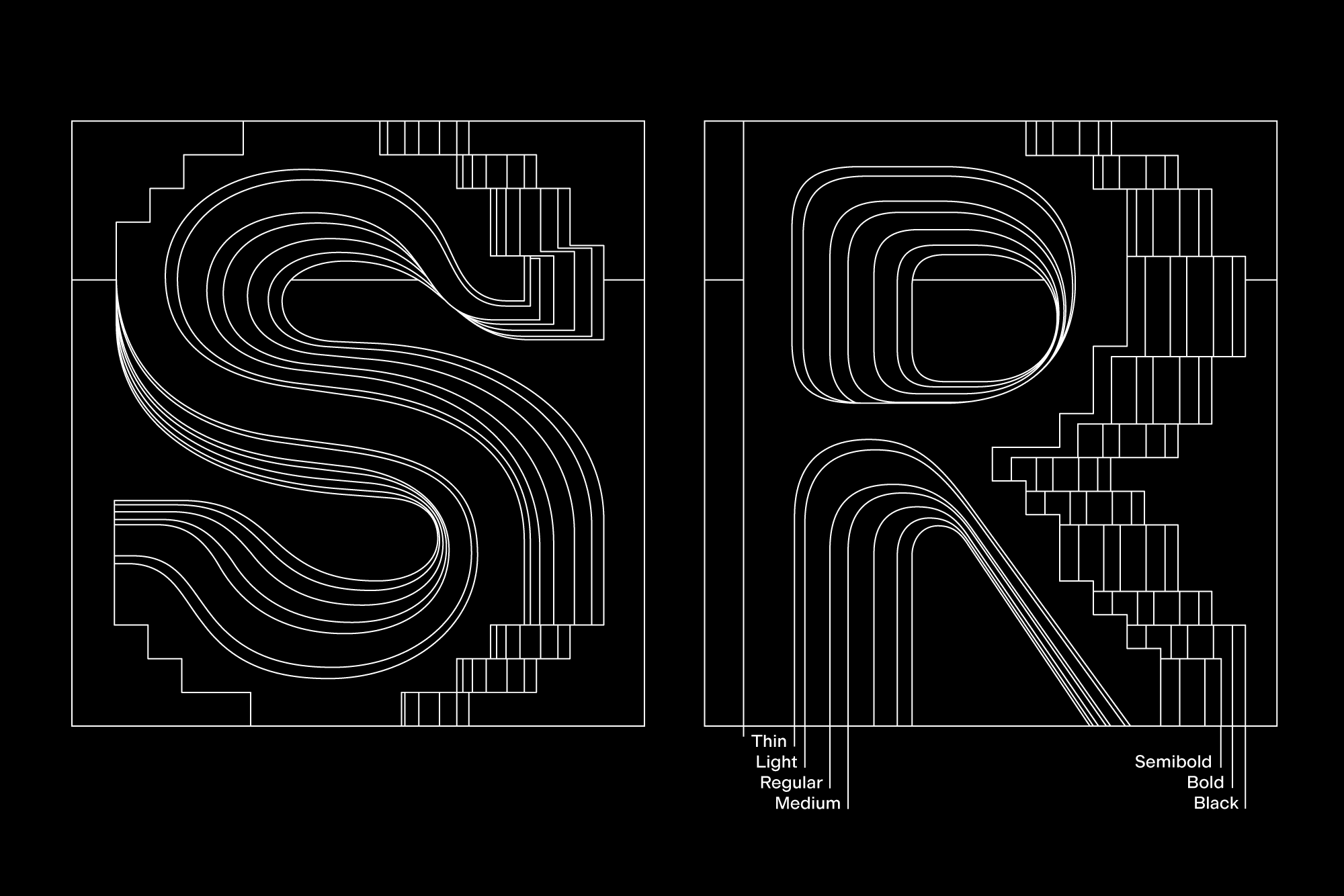 Throughout the entire family each weight adheres to a consistent grid resolution. Weight is increased solely by widening the proportions of the letters, while the inner curves remain optically balanced.