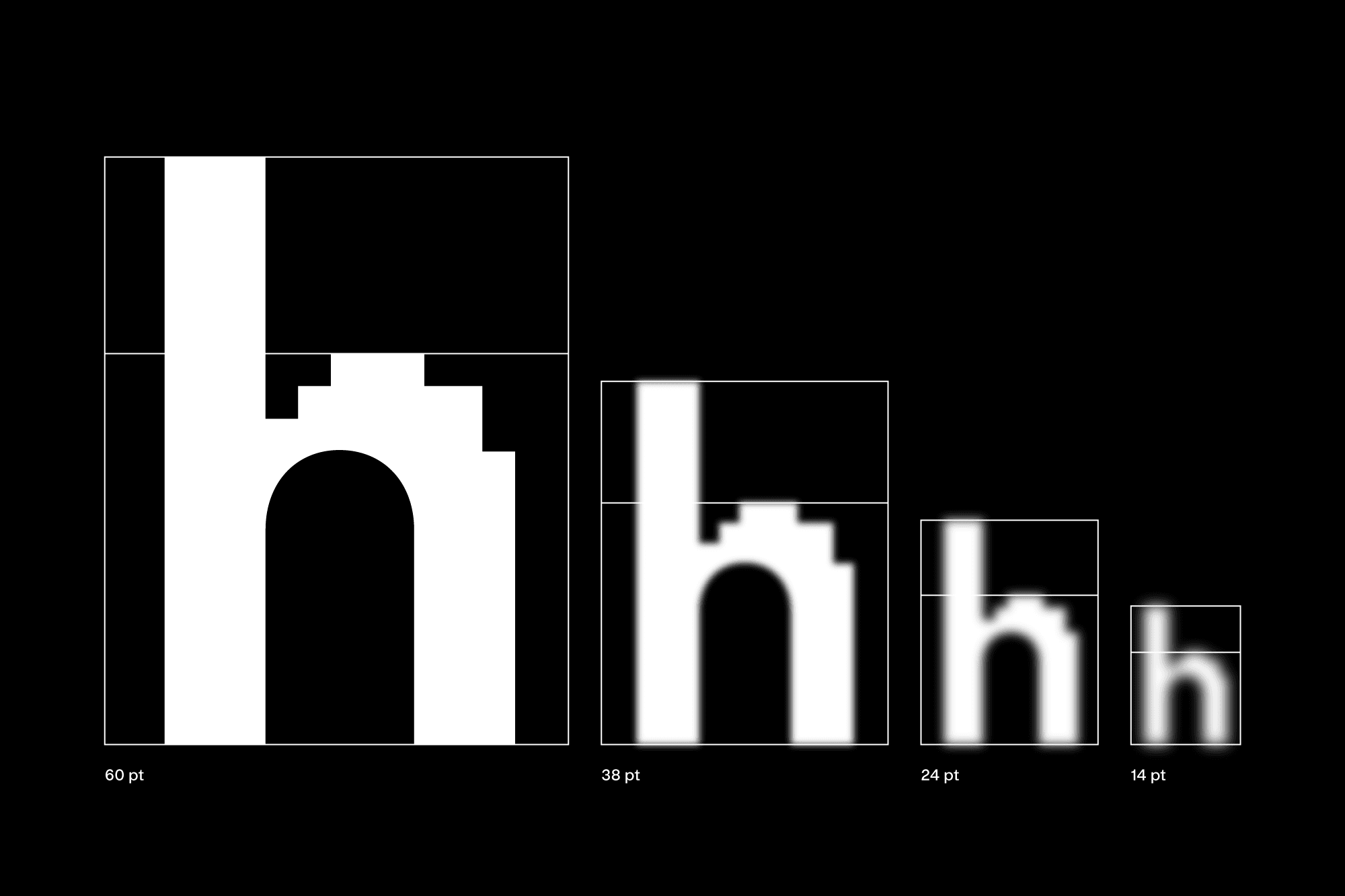 The size of the grid and the shapes of the inner counters are defined by legibility requirements that arise at smaller sizes.