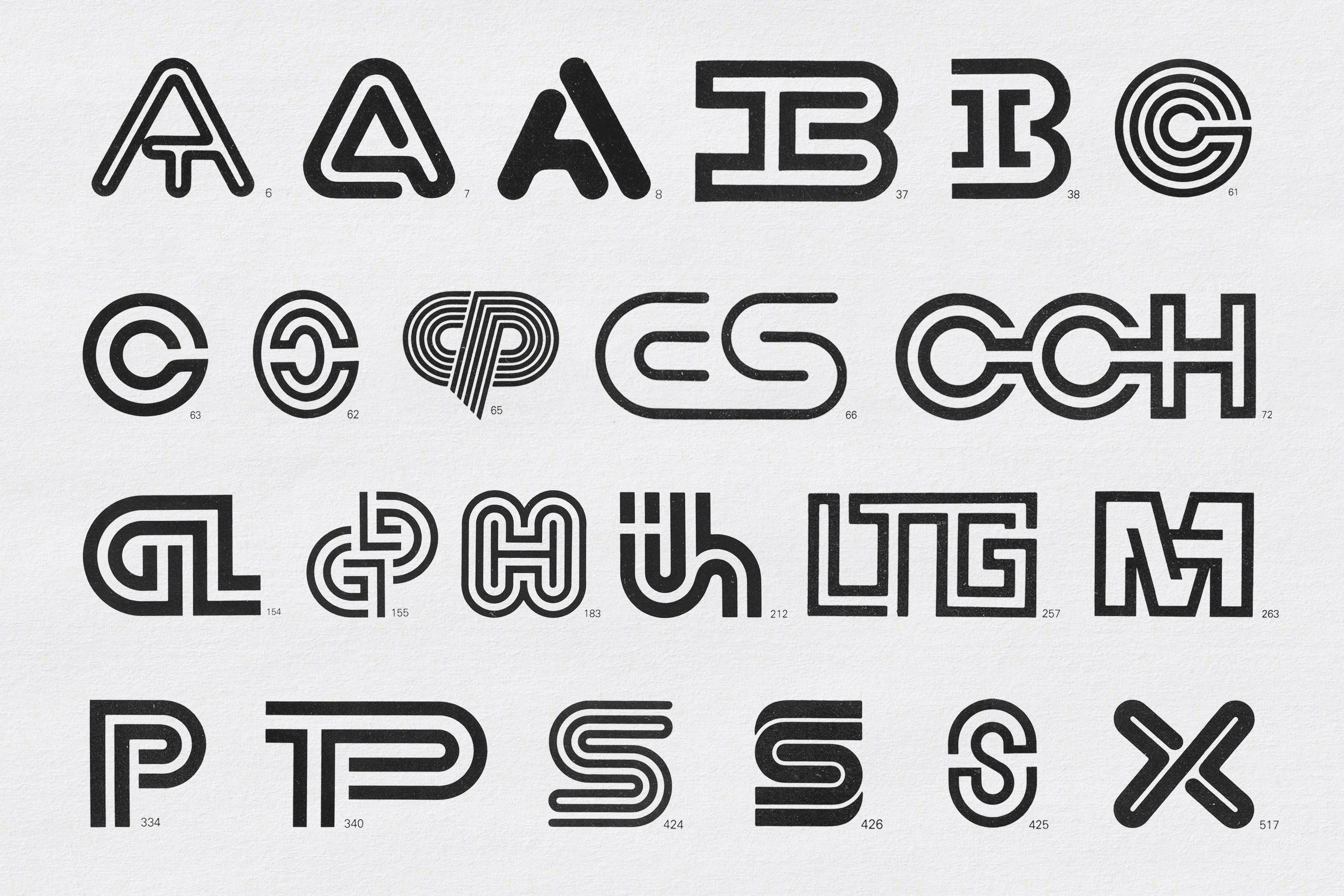 A collection of intersecting and interconnecting symbols from Erhardt D. Stiebner and Dieter Urban, Signs and Emblems: A Collection of International Examples, 1992, that inspired the ligatures and duplexing weights throughout Logistik.&nbsp;