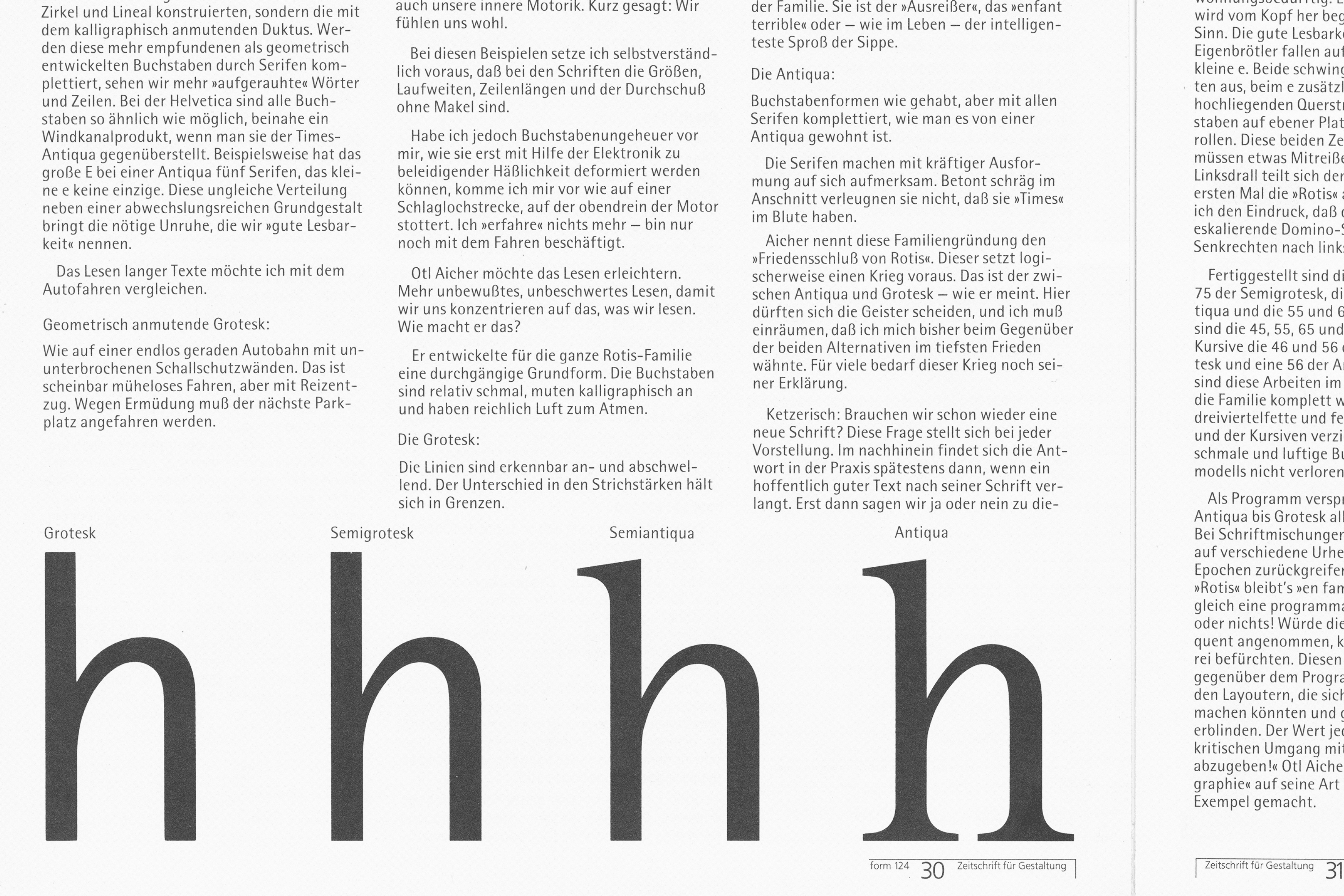 Typography article on the release of Otl Aicher’s Rotis by Klaus Winterhager in form Design Magazine N&deg;124, p. 30 (1988)