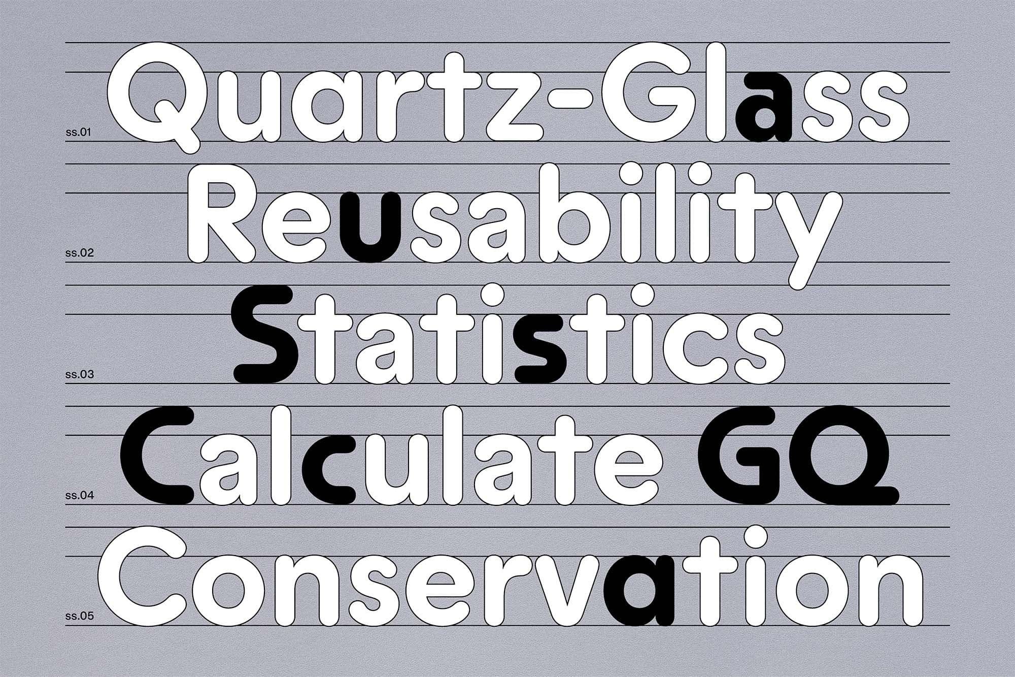 Alternates for S, C, G, and Q echo Herbert Bayer’s universal alphabet, letting the typeface shift into a more Modernist aura.