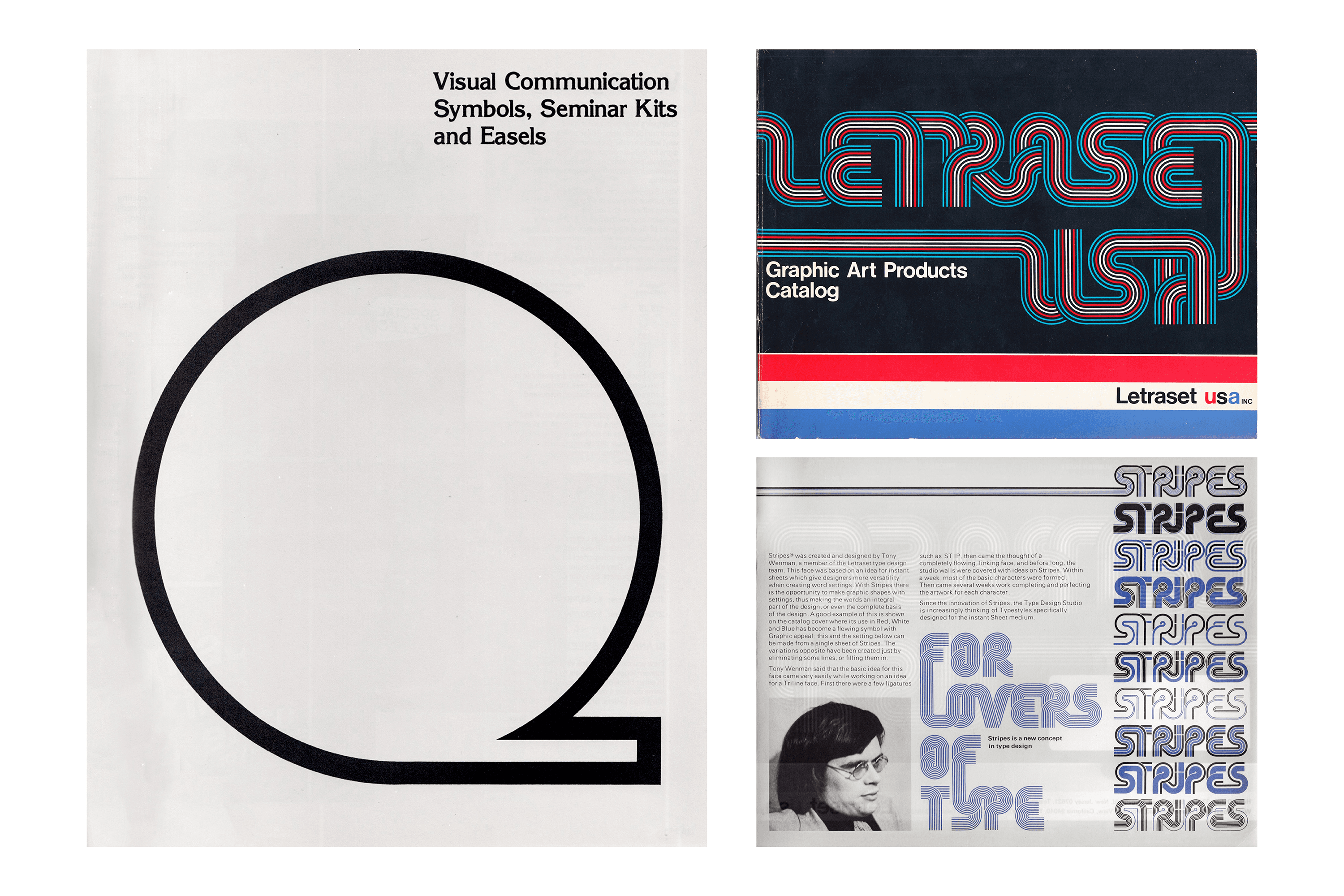 Inner page of Chartpak Graphic Products Catalog, 1976, and front cover and inner spread of Letraset, Graphic Art Products Catalog, 1973. Inspired by the early era of dry transfer lettering, prototype versions of Logistik were drawn with multiple in-lines.