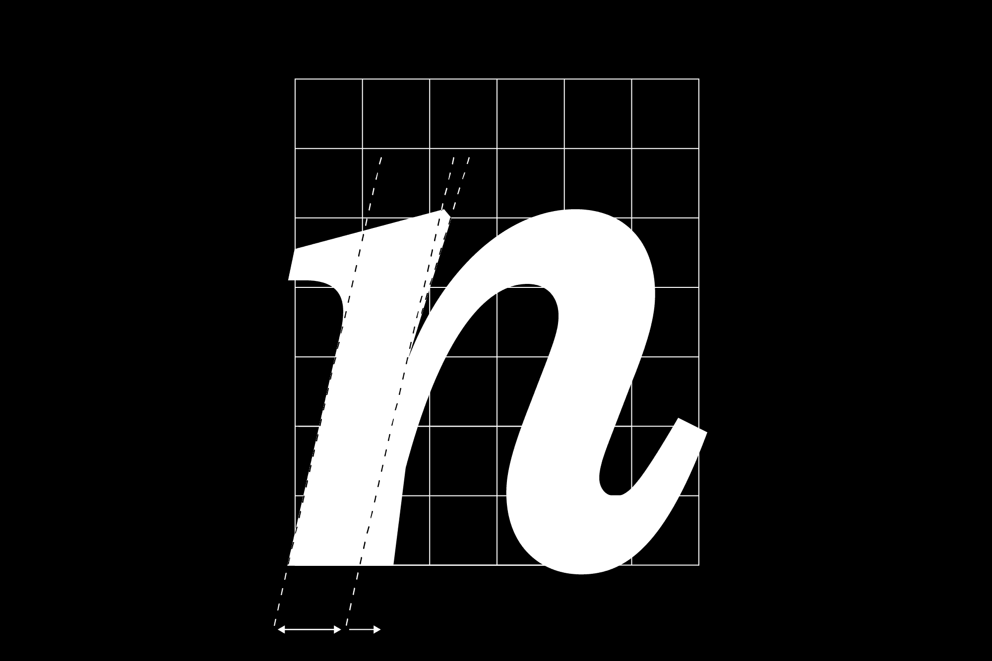 The downstroke lower terminal is tilted to the right to compensate for its head serif. This moment highlights Rhetorik's calligraphic heritage by using radical geometry.